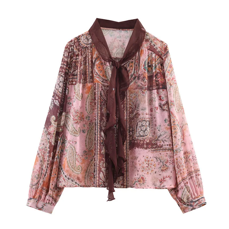 

Женская элегантная блузка с принтом и бантом на воротнике, легкая шифоновая рубашка с длинным рукавом, весенне-летняя повседневная свободная блузка для ежедневной носки