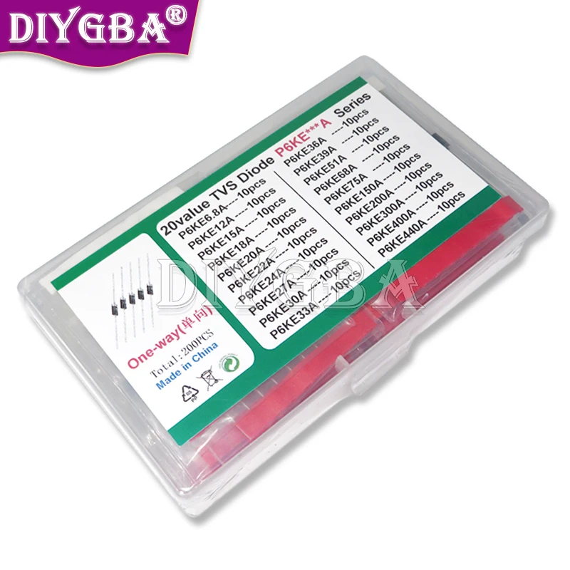 20Values P6KE6.8A/CA TVS Transistor Kit 200PCS/Set 12/15/18/20/22/24/27/30/33/36/39/51/68/75/150/200/300/400/440/A/CA Diode