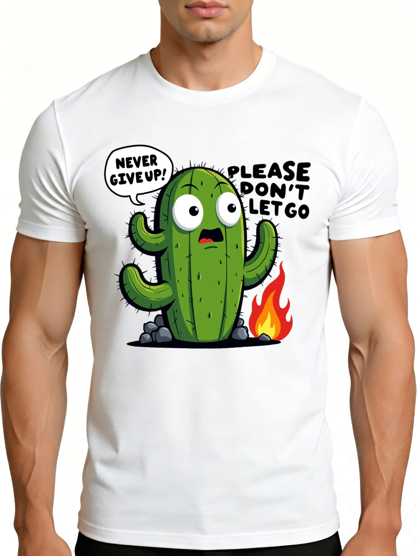 Men's Graphic T-Shirt - Breathable, Soft, Lightweight - Cactus with Dialog Box and Flames - Vintage Fun Graphic Casual Short Sleeve Summer Top, Gift for Him