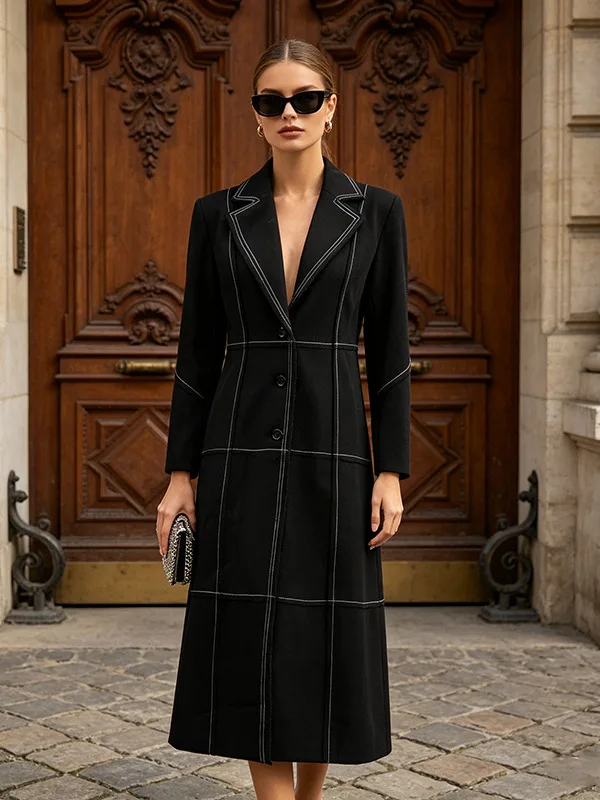 Autumn Winter Black European American Contrast Stitch Women Long Blazer Coat Notched Lapel Office Outerwear Blazer Mujer Traf