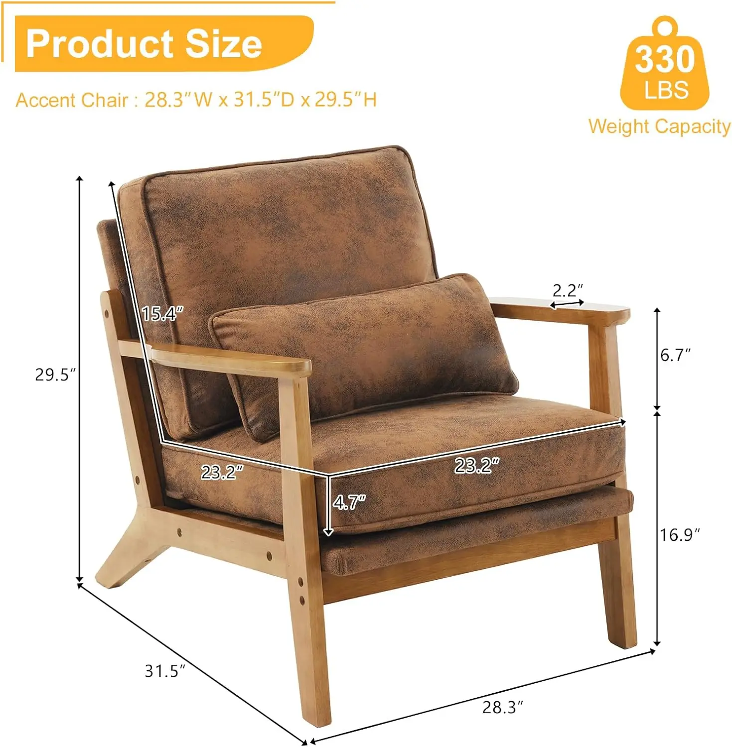 Accent Chair Wide Armrest Mid-Century Lounge Chair Bronzing Cloth Armchair with Lumbar Pillow & Solid