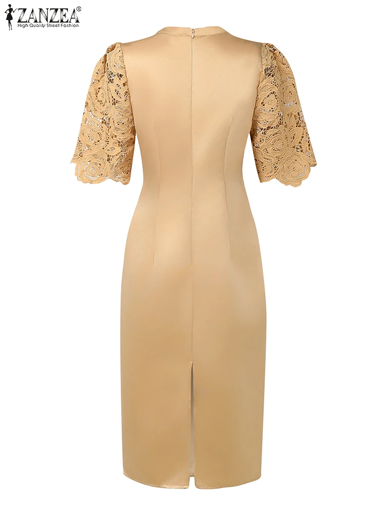 ZANZEA Fashion Summer Patchwork Dresses Women Elegant Party Dress Short Sleeve Work OL Sundress Solid Satin Midi Robe Vestidos