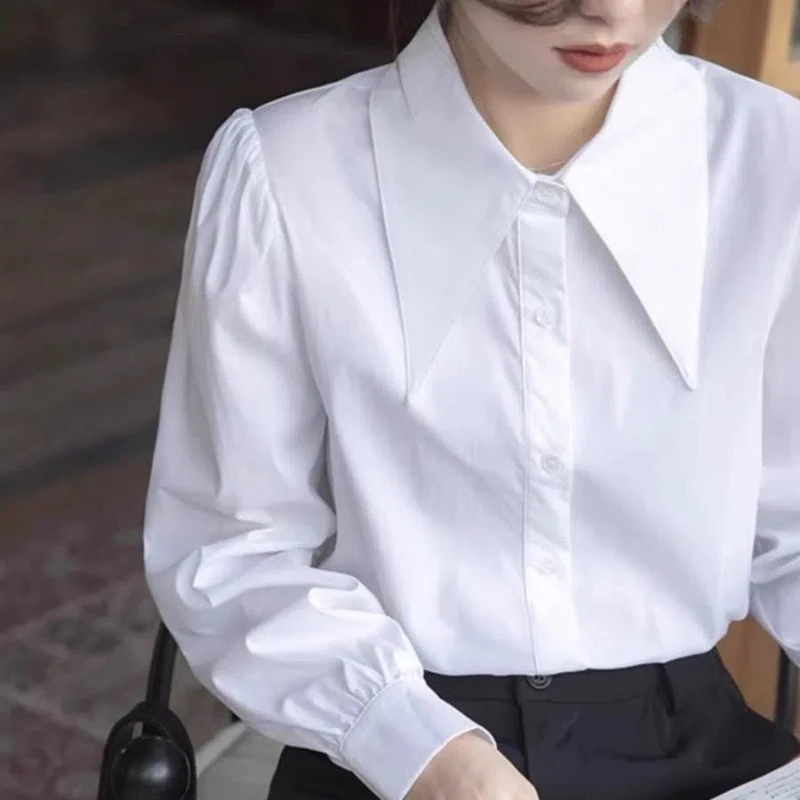 

Korean White Simplicity Shirt Tops Polo Neck Solid Youth All-match Fashion Blouse High Street Trend Women Clothing Spring Autumn