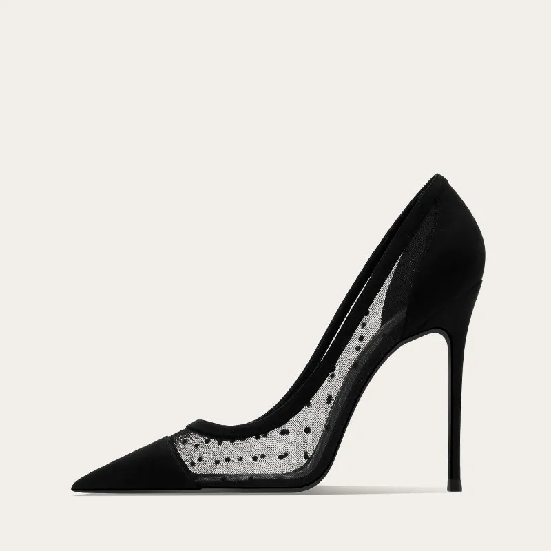 Nouvelles Chaussures à Talons Hauts Pointus pour Femme, en Daim Noir avec Empiècements en Dentelle et Maille, Sexy, Professionnelles pour le Travail et les Trajets Quotidien