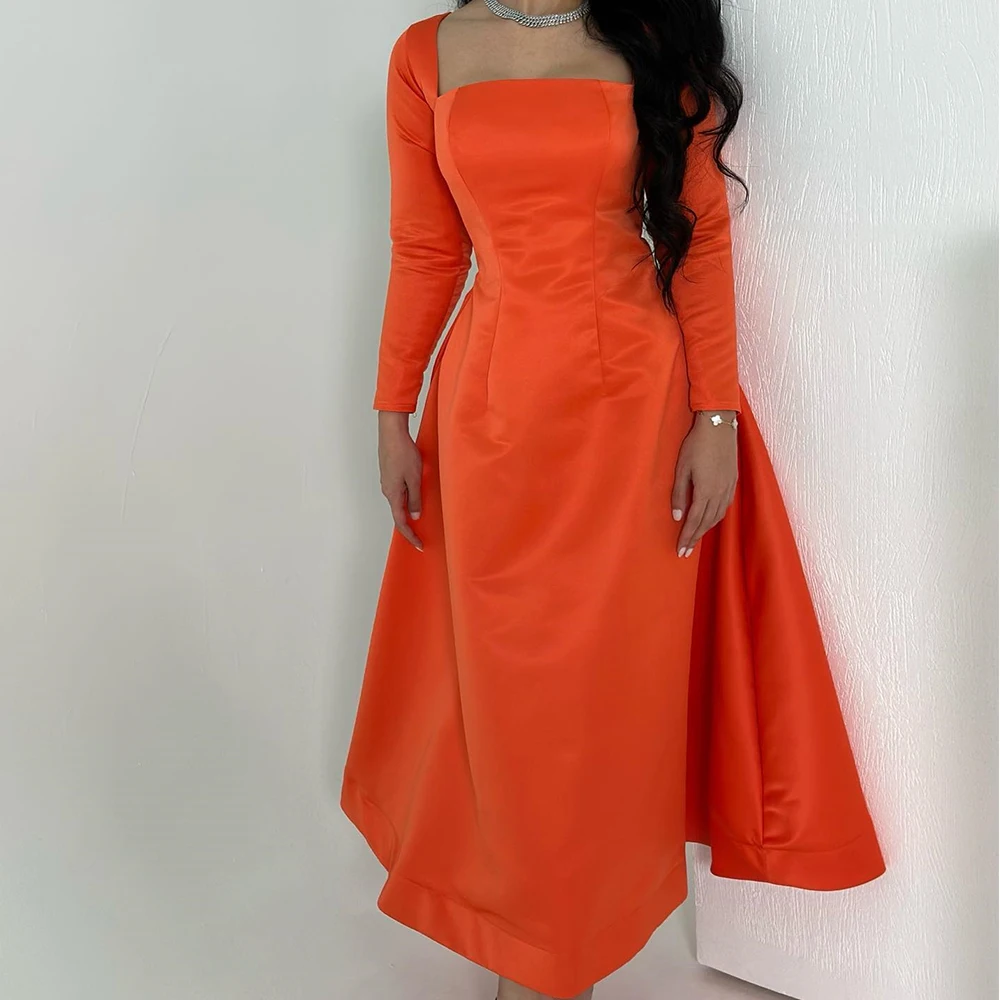 Graceful Panel Train Ankle Length Pleats Evening Dresses Temperament A-Line Square Neck Long Sleeves Party Gowns فساتين سهرة