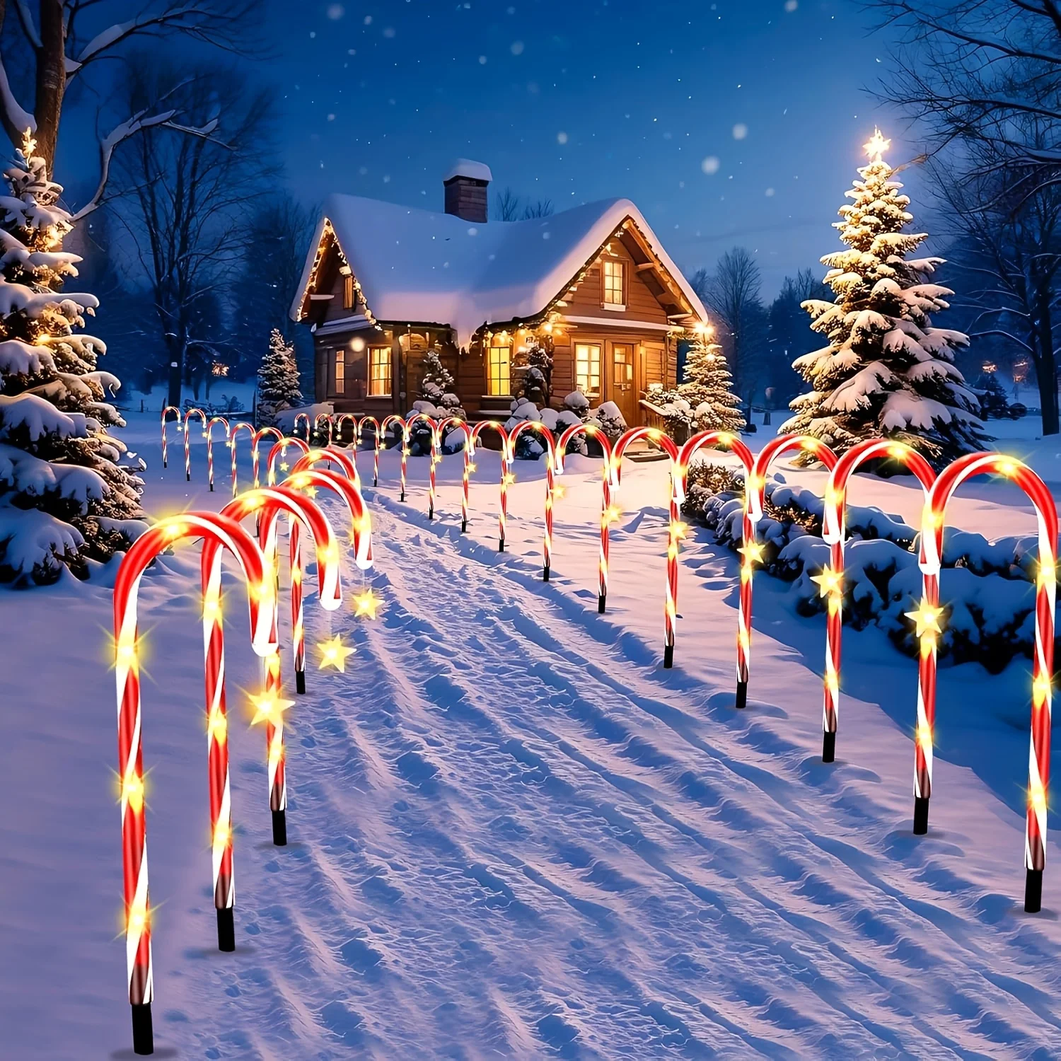 Solar Candy Cane Pathway Lights, Red White Striped Christmas Stake Lamps with Star Pendant LED Yard Lawn Decor for Xmas Holiday