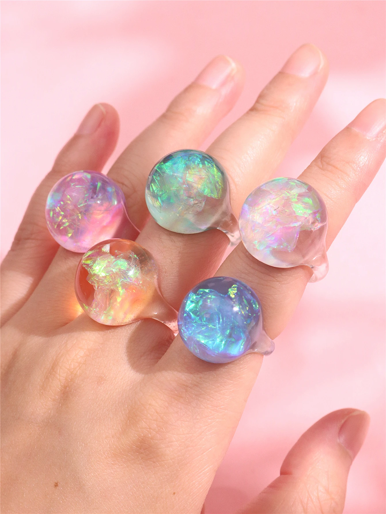 HUANZHI Colorful Transparent Resin Ring Bling Shine Geometric Star Ball Rings for Women Girls Cute Y2K Summer New Jewelry