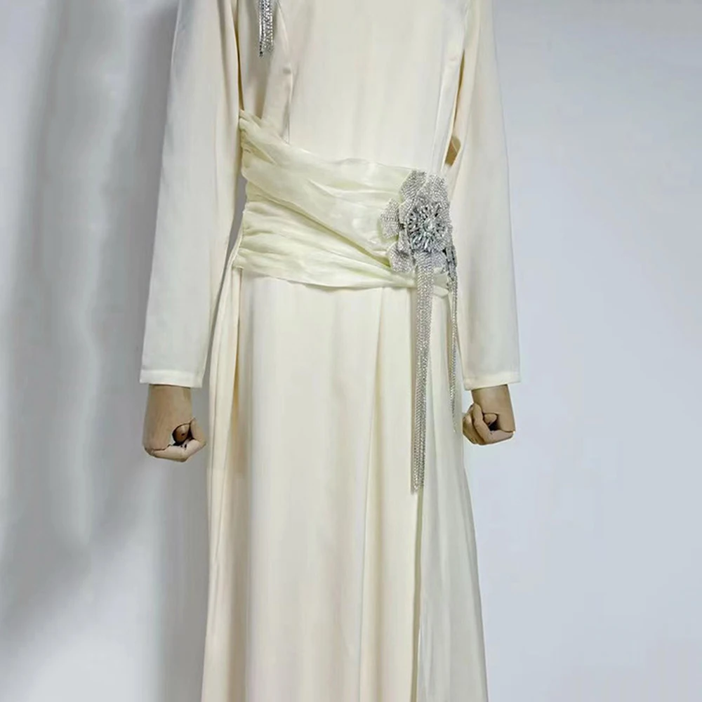 فستان ريترو مع شريط من الساتان الأزرق الداكن شرابة مطعمة الماس تنورة طويلة 2025 فستان نسائي شتاء جديد #6