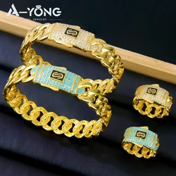 Fashion Dubai Gold Plated Bracelet Ring Set 21k Gold Color Italian Zircon Cuff Bangles Arab Luxury Women Event Party Jewelry