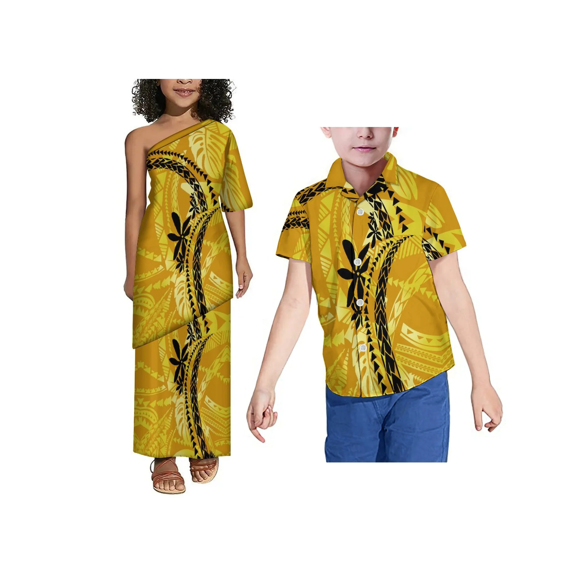 Nowy samoański wzór Polinezyjski nadruk na ramiączkach Sukienka dziecięca Puletasi Niestandardowe sukienki dla dziewczynek Top i spódnice Dwuczęściowy zestaw 2szt.