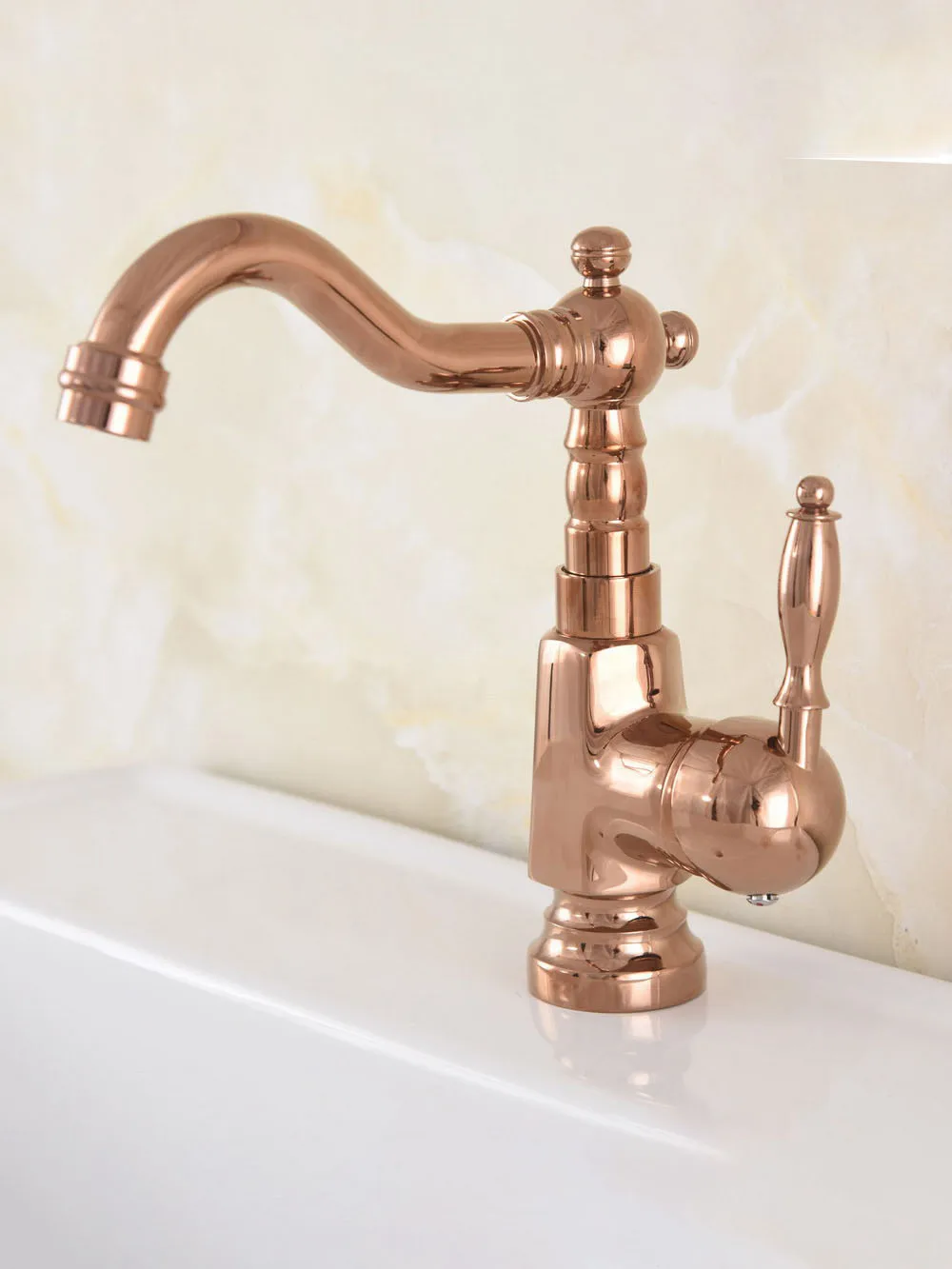 Rose Gold Color Brass Single Handle Faucet, Banheiro e Pia de Cozinha, Deck-montado Mixer Tap, Um Buraco, Bico Giratório, mnf708