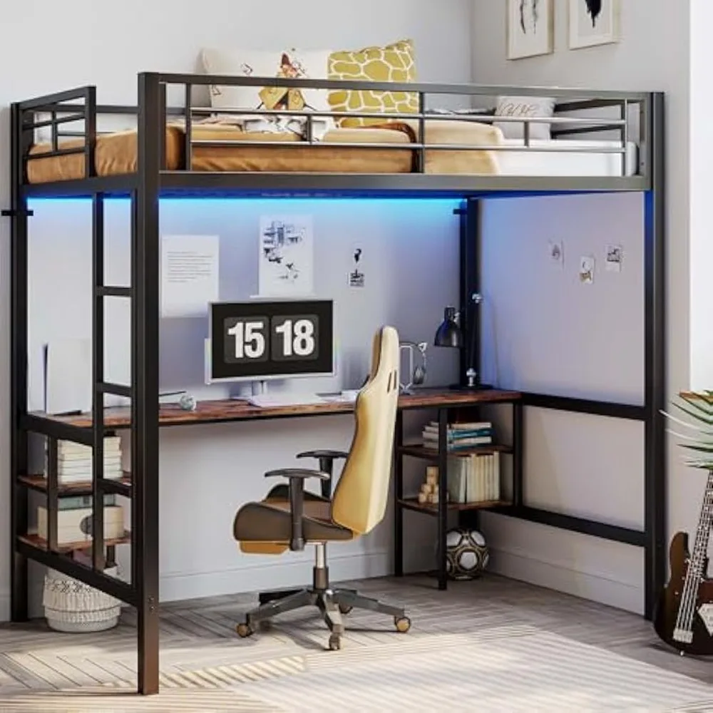 

Loft Bed Twin Size with Desk and 4 Storage Shelves,Metal Loft Bed Frame with Power Outlet and LED Lighted, Safety Guard & Ladder