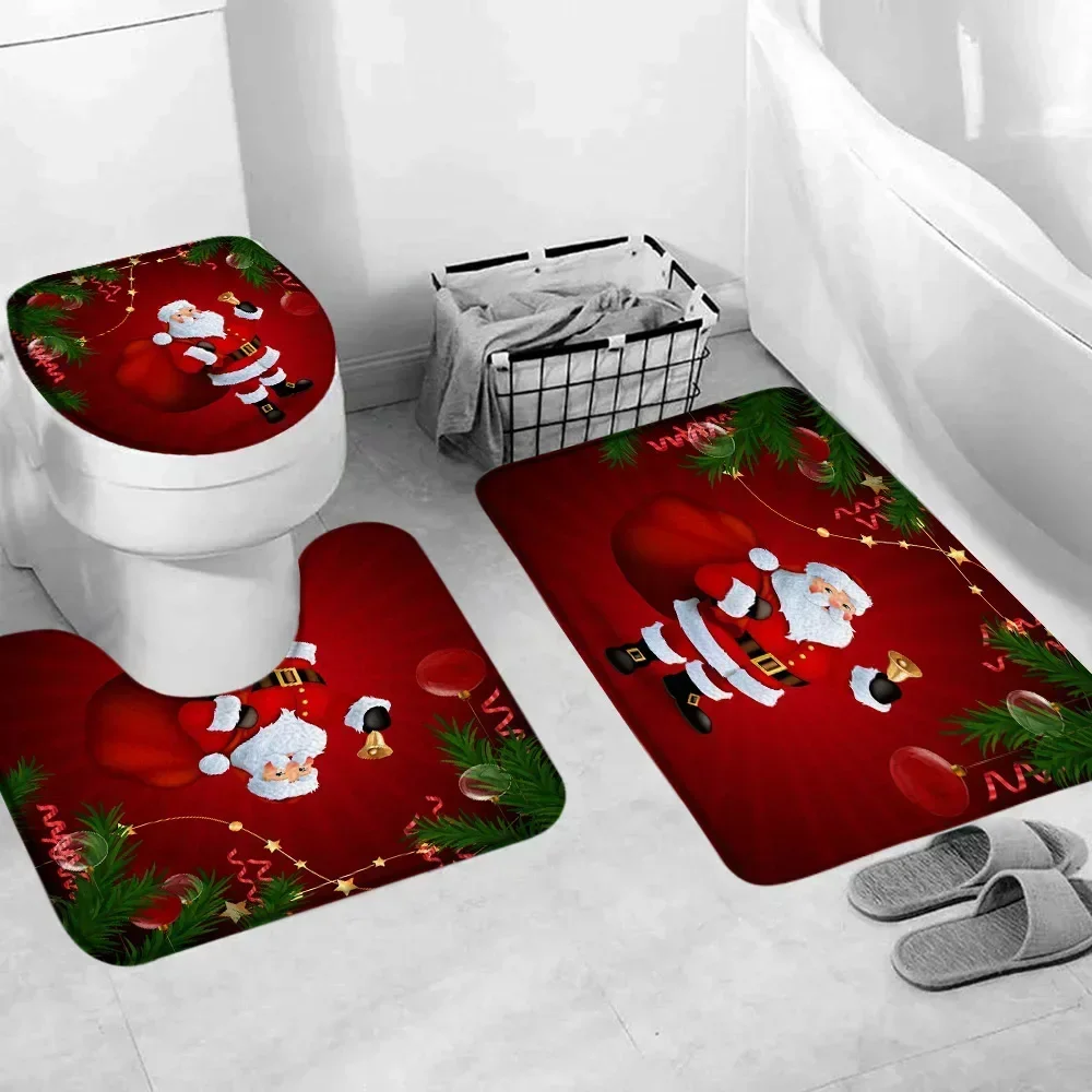 Merry Christmas Bathroom Rug Set Santa\'s Gift Green Pine Bells Happy New Year Bath Mat Toilet Mat Bathroom Rug Set