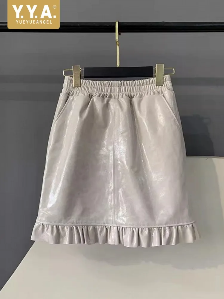 

Sweet Women New Ruffles Mini Skirt Elastic Waist A Line Sheepskin Genuine Leather Skirts Ladies Streetwear Slim Fit Wrap Skirt