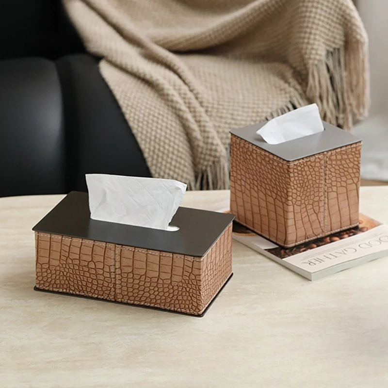 Crocodile Texture Tissue Box Cover PU Leather Square Rectangular Tissue Boxes Napkin Holder for Living Room Office Desk Decor