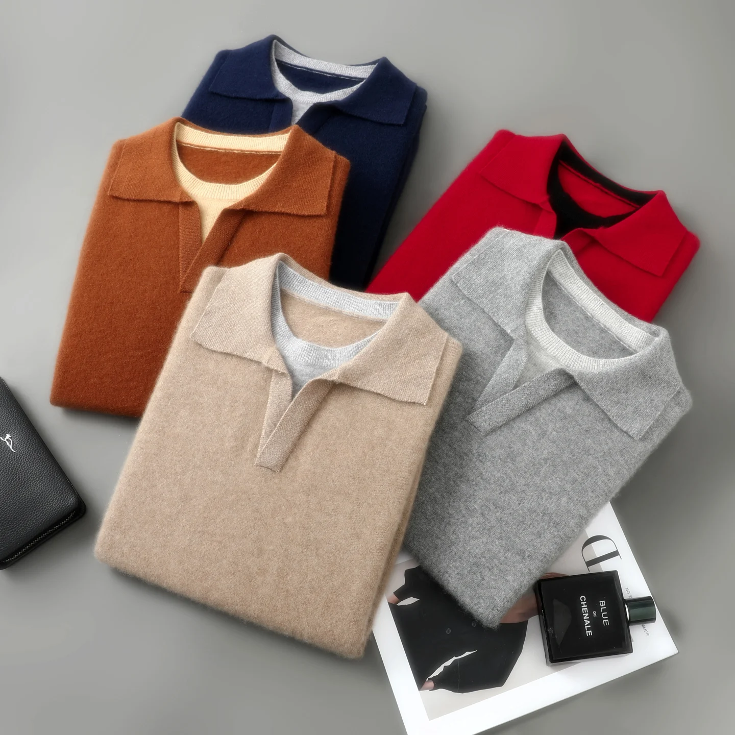 

2025 New Men Knitted POLO Collar Fake Two Pieces Pullover 100% Pure Wool Business Sweater High quality Thicken Warm Loose Tops