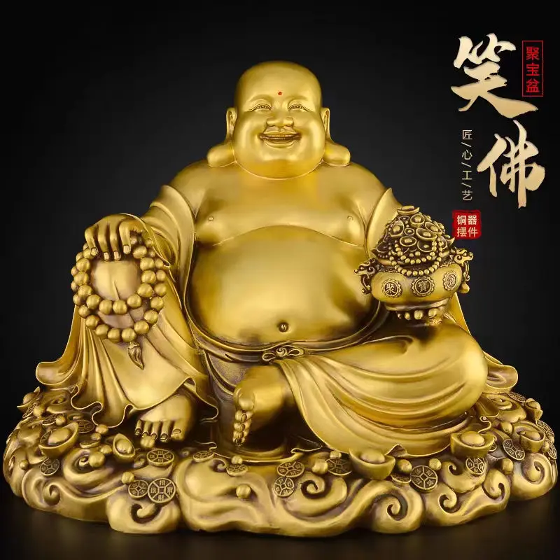 Bronze figurine, a treasure bowl, Maitreya statue, smiling Buddha, Bodhisattva, for home worship