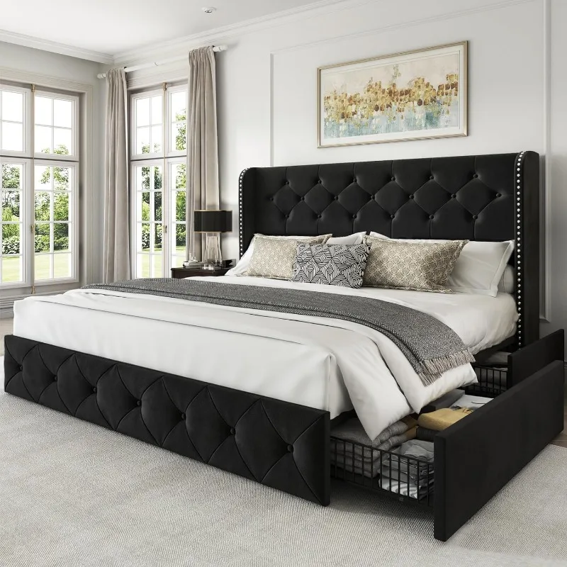 Queen Size Bed Frame with 4 Storage Drawers and Wingback Headboard Upholstered Platform Beds Velvet Tufted Bed Frame