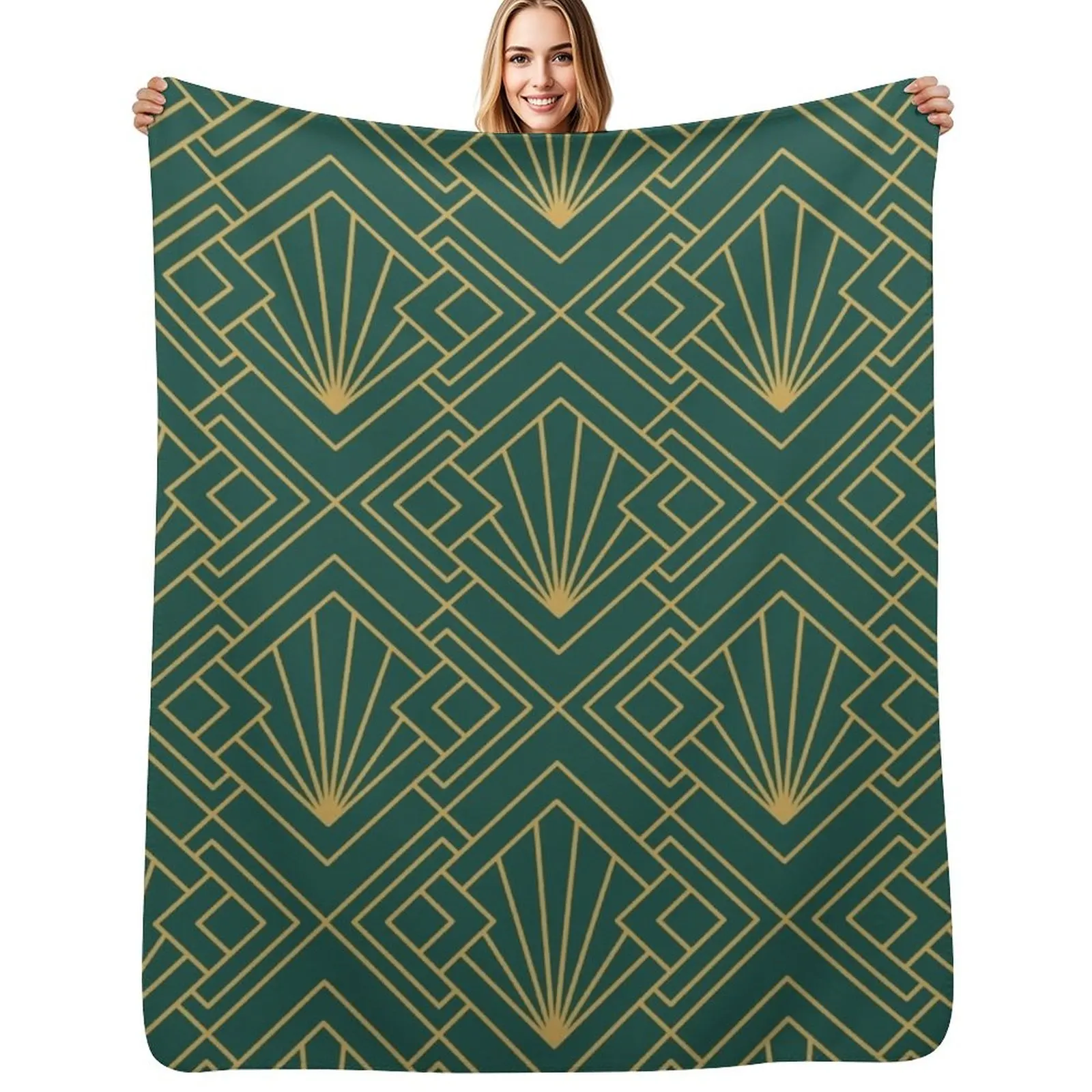 Green Art Deco Pattern Throw Blanket Lightweight Warm Blanket for Indoor Outdoor Use