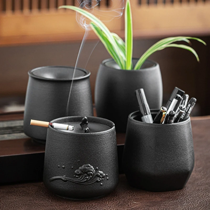 Ceramic Black Ashtray Lid Multifunctional Storage Jar Room Office Car Fly
