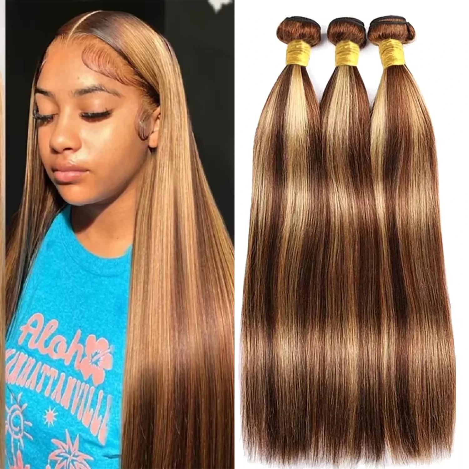 100% Human Hair Bundles P4/27 Straight Bundles Highlight Color Extensions 28 30 Inch Brazilian Virgin Remy Hair for Black Women