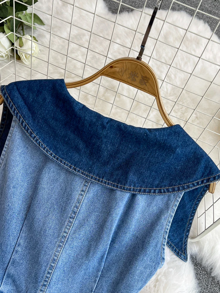 Dżinsowa długa sukienka z wycięciem w talii sukienki bez rękawów dla kobiet lato wyszczuplający temperament dekolt w serek rozcięcie Denim Vestidos