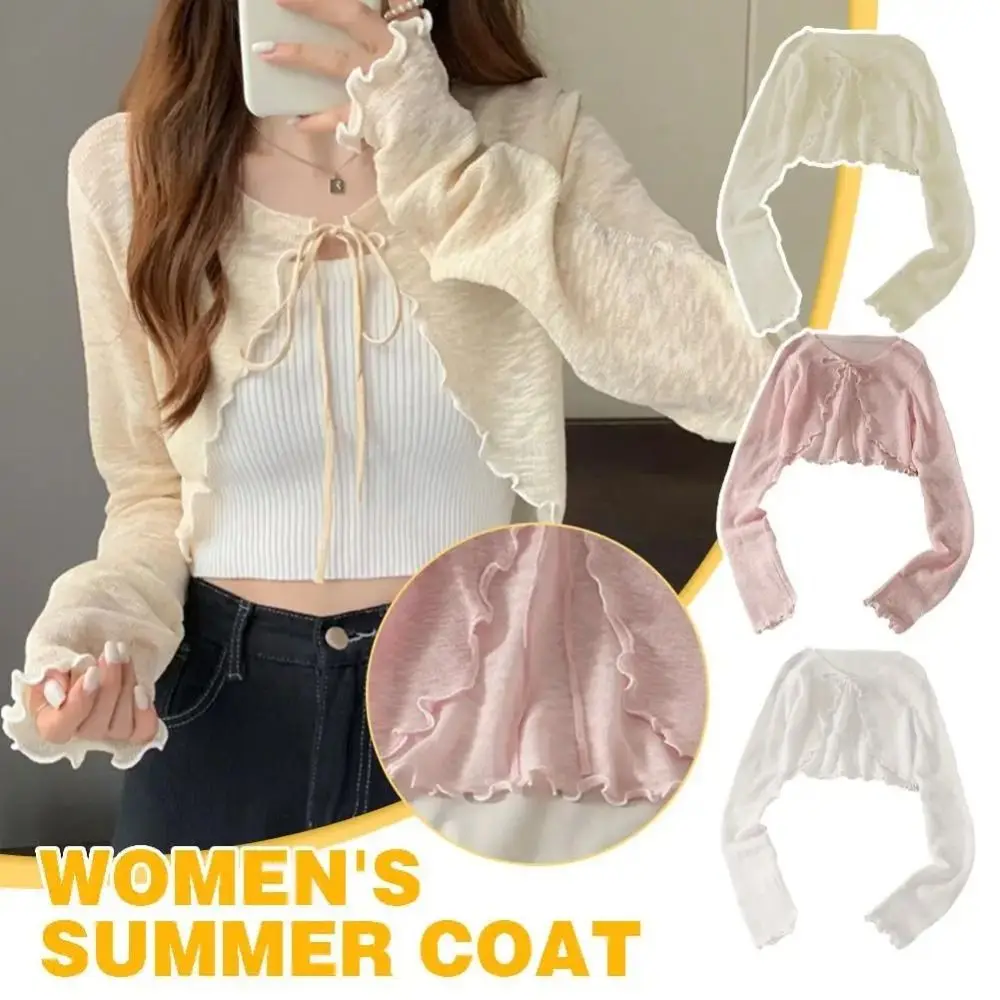 Thin Women Sunscreen Cardigan Sunscreen Clothing Long Sleeve Sun Protected Ruffle Design Polyester Short Coat Casual Summer