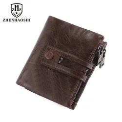 Cartera de cuero genuino para hombre, monedero pequeño con cremallera y broche, tarjetero Rfid, bolso de mano