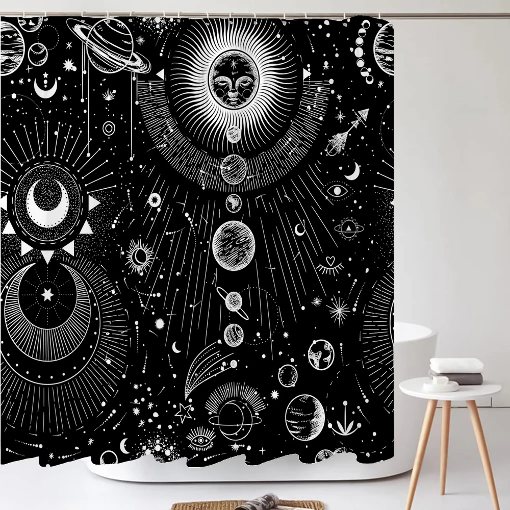 Black White Sun Moon starry Shower Curtain Set Bathroom Shower Curtain Non-Slip Bath Mat Toilet Lid Cover Polyester Waterproof