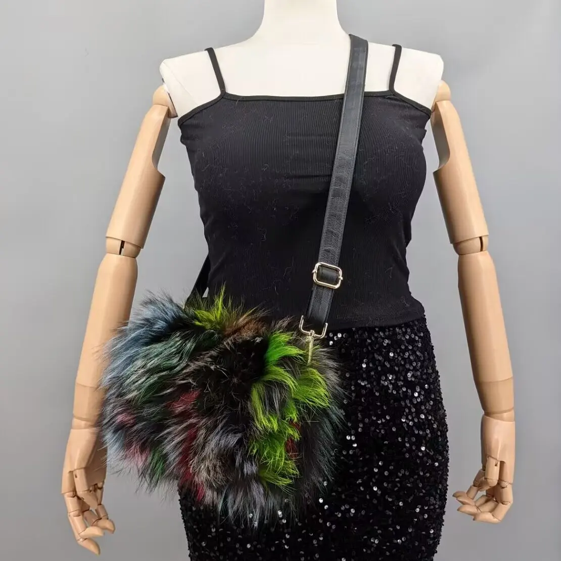 Y2K Women Rainbow Patchwork Real Fox Fur Crossbody Bag Multi Color Fluffy Fur Shoulder Handbag
