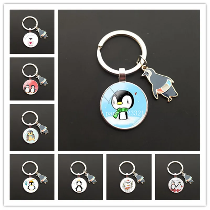 

new Cute penguin Glass photo keychains pendant cartoon key ring Accessories gift