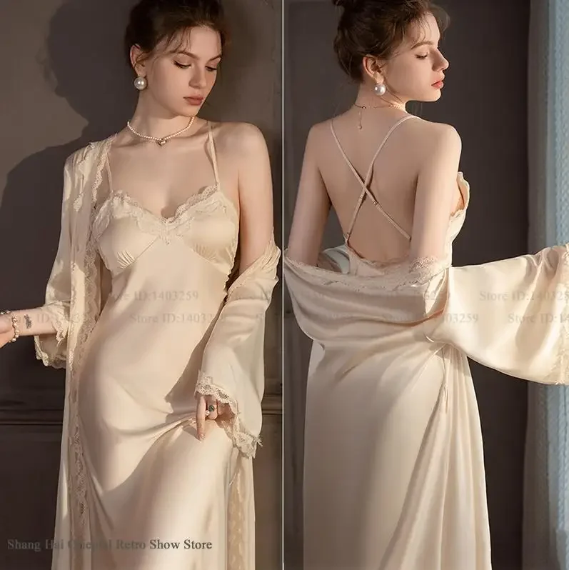 

Sexy Wedding Nighty&Robe Set Nightgown Long Kimono Bathrobe Gown Backless Nightdress Lingerie Silk Satin Sleepwear Home Wear