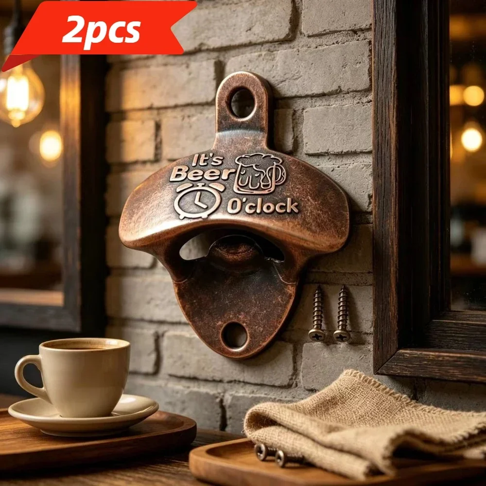 2pcs It's Beer'O Clock Bottle Opener Wall Mounted with Screws Vintage Retro Beer Opener BBQ DIY Tools Bar Decor Kitchen Gadgets