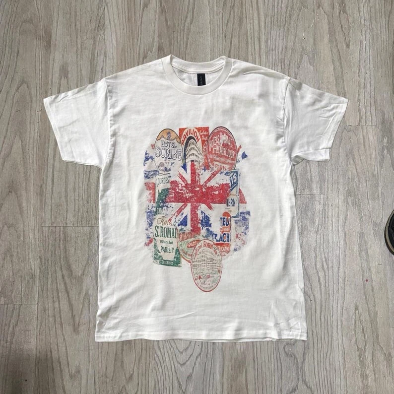 UK Graphic Tee, British Travel Collage T-Shirt, Union Jack Vintage Postcard Design, Vintage Travel Stamp T-Shirt