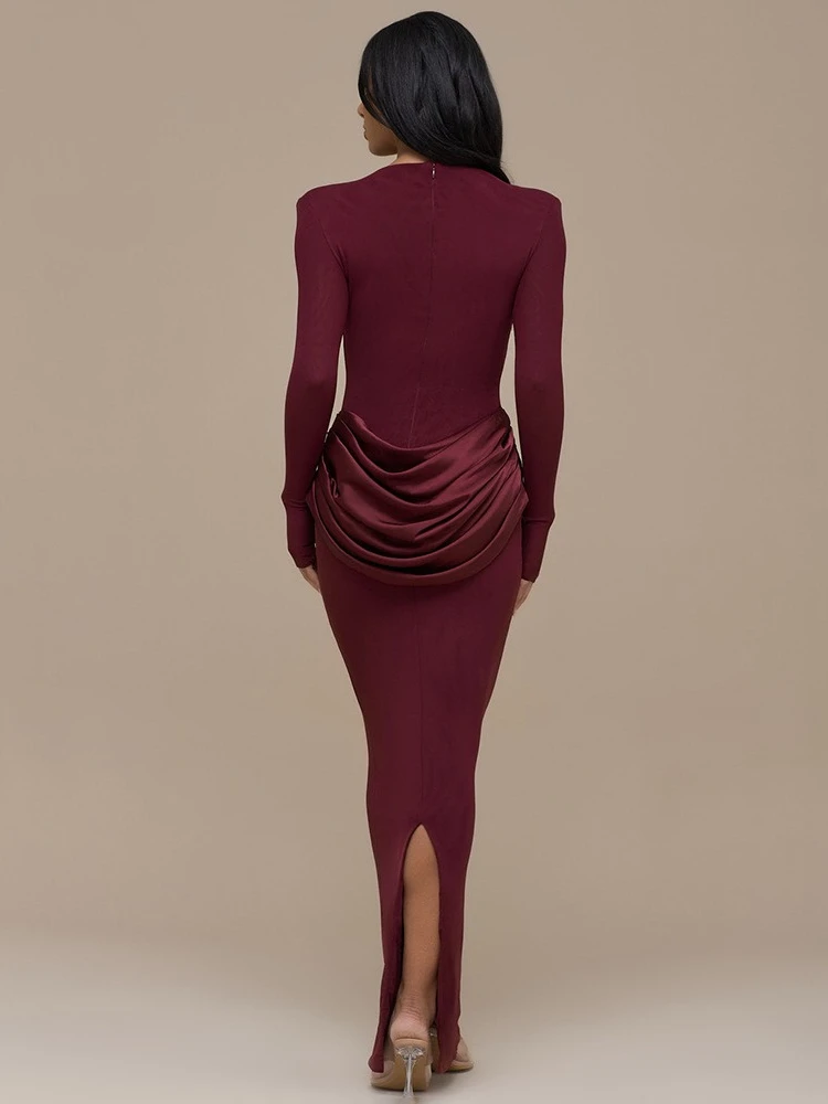 FDYOUI Abito da cocktail lungo da donna con scollo a O e maniche lunghe increspato Abito da sera aderente a vita alta da donna Abito elegante