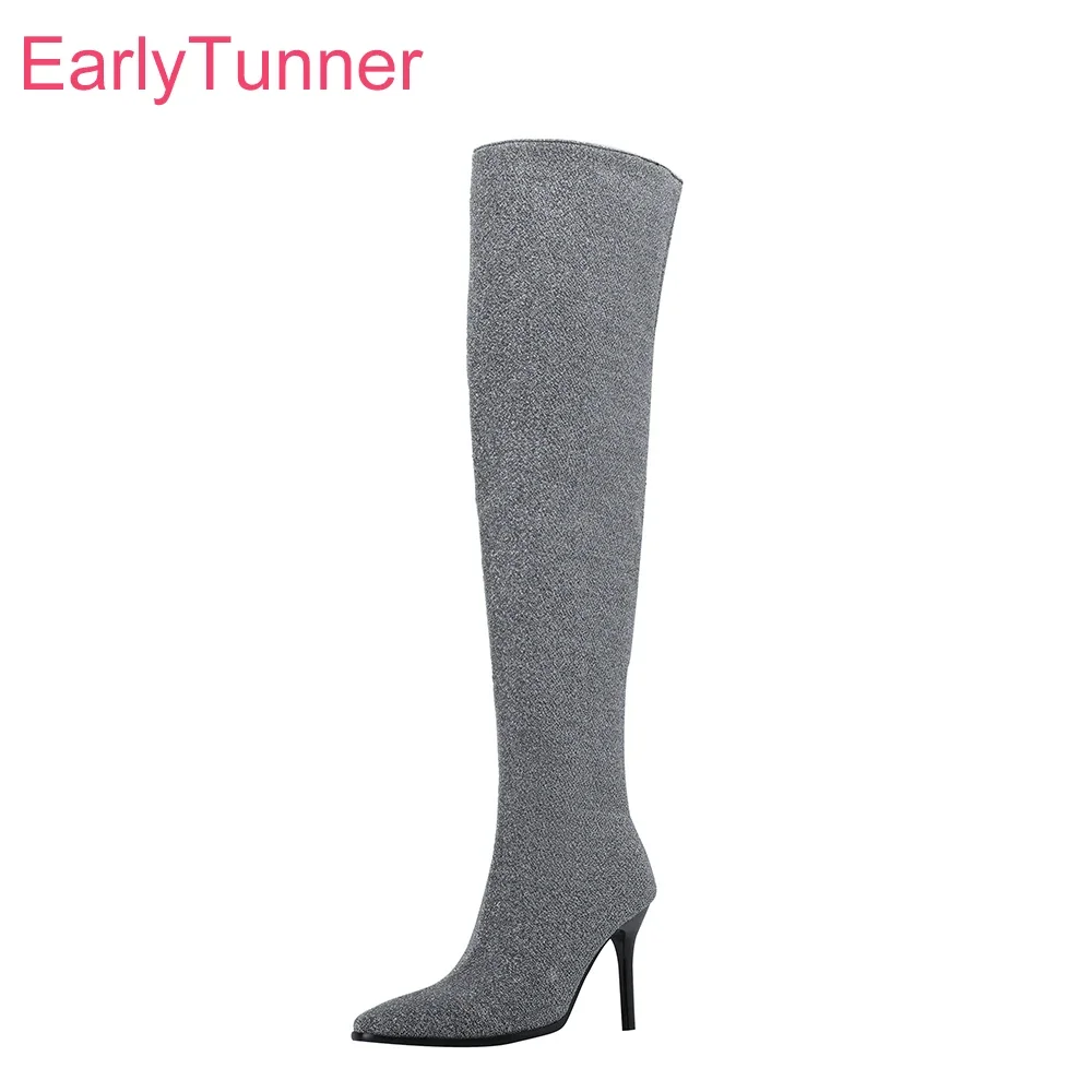 

Winter Sexy Silver Red Women Thigh High Boots Fashion Pointed Toe High Heel Lady Stripper Shoes Plus Big Size 11 43 46 48