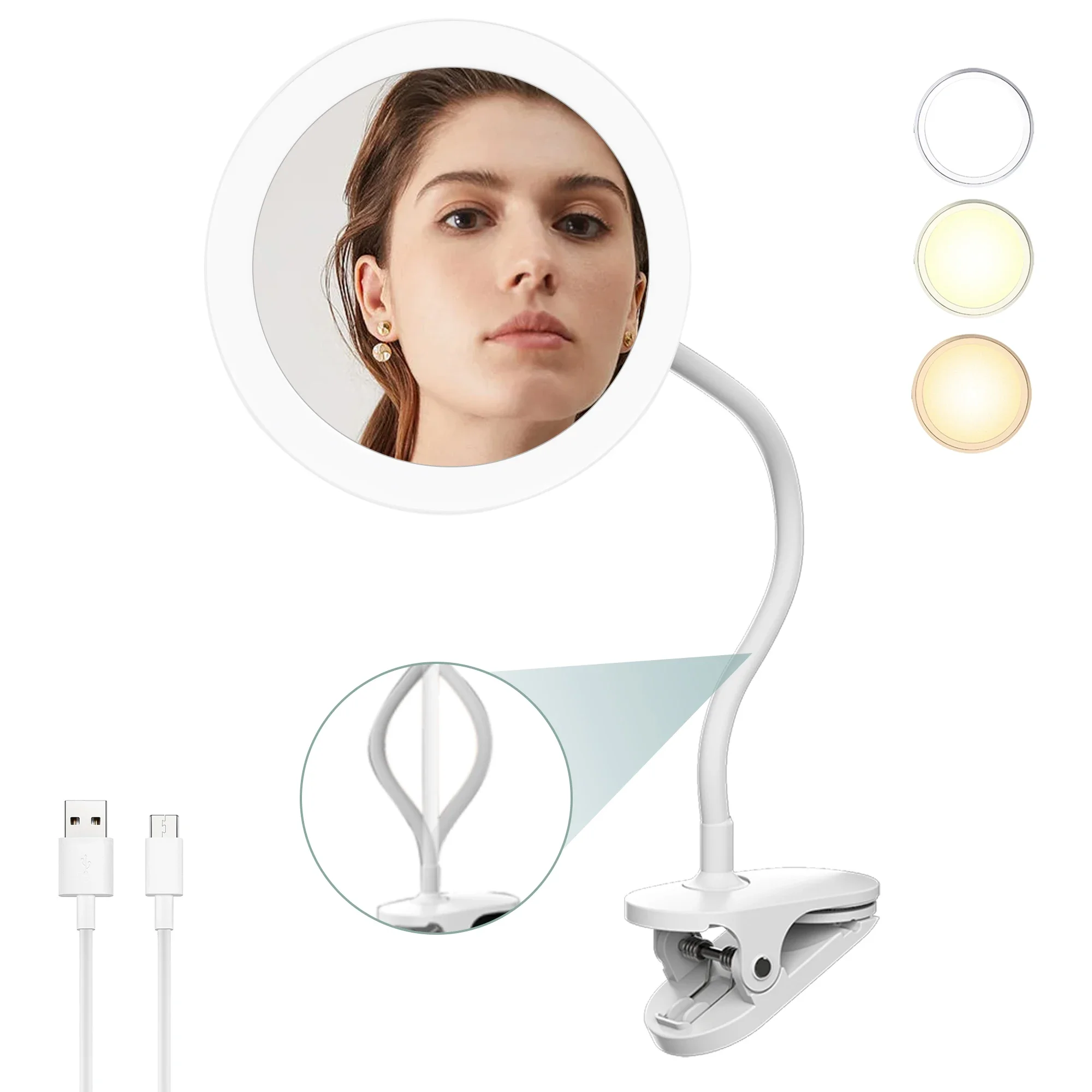 TUSHENGTU 6.5 "miroir de bureau de maquillage à clipser avec lumière, miroir grossissant flexible de voyage à col de cygne 10x, Recharge USB