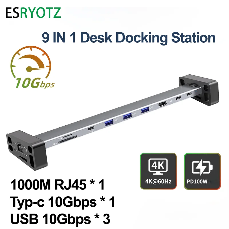 9 IN 1 USB hub 4K60HZ HDMI-Compatible 10Gbps Data Type-c USB Gen 2  1000M lan RJ45 Fast PD 100w USB 3.2 Dock for Macbook Huawei