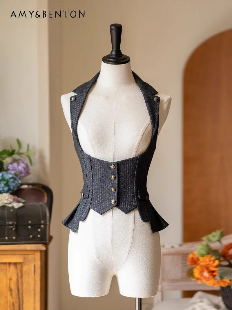 

Original British Retro Striped Vest Pastoral Style Elegant Slim Fit Single-Breasted Versatile Fashion Vest Lolita Vest for Women