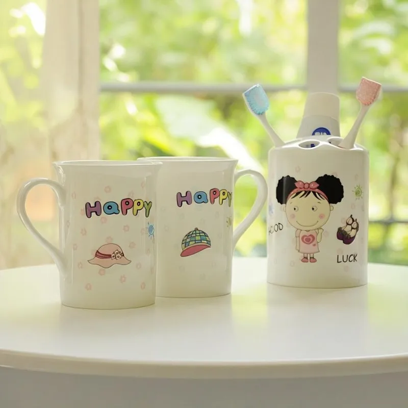 3pcs set, real bone china bathroom set, toothbrush holder & morning mug, cup for brush, kit bathroom, bathroom accessories gift