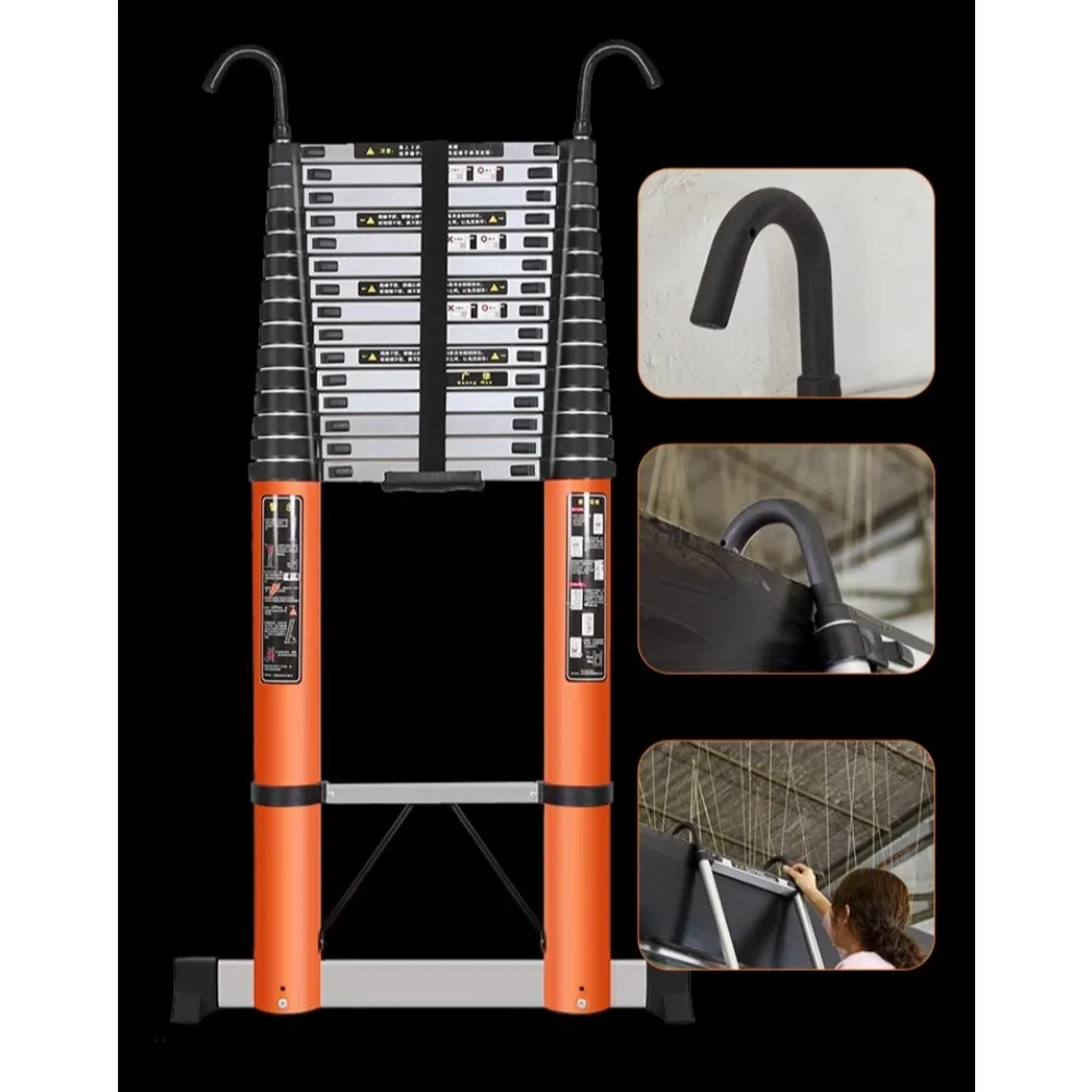 Escada portátil extra grossa e telescópica com gancho, escada longa e reta de bambu, escada de elevação de alumínio