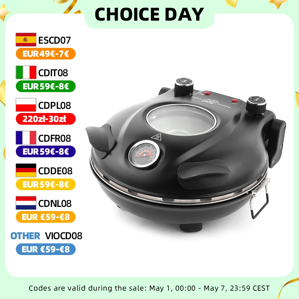 Klaif Electric Pizza Maker, 420℃, 1200 Watt, 5 Separate Temperature Levels, Flame Resistant Stone Plate 1200W 32cm