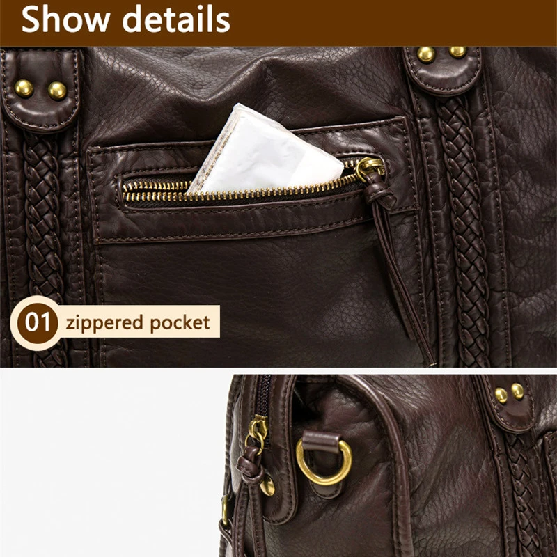 WGSTART Trendy Spicy Girl Shoulder Crossbody Bag Vintage Washed Leather Tote Soft Leather Motorcycle Bag Large Capacity Bag