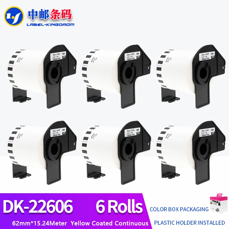 6 Rolls Compatible DK-22606 Yellow Film Label 62mm*15.24M Continuous For Brother Thermal Printer All Come With Plastic holder