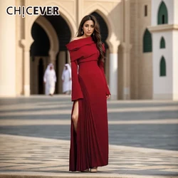 CHICEVER Maxi abiti Vintage pieghettati per le donne Slash Neck manica lunga vita alta temperamento Split Dress abbigliamento primaverile femminile