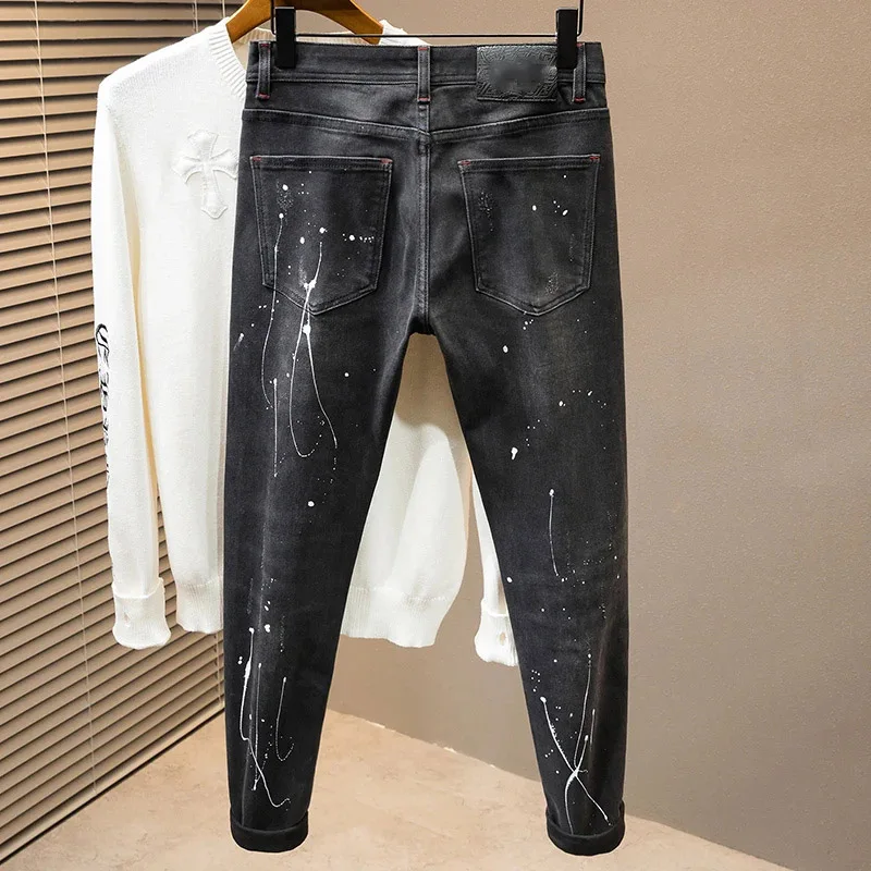 Personalized Black Spray-painted Skinny Jeans Stretch Cotton Slim Pants Korean Fashion Ripped Youth Small Foot Denim Trousers