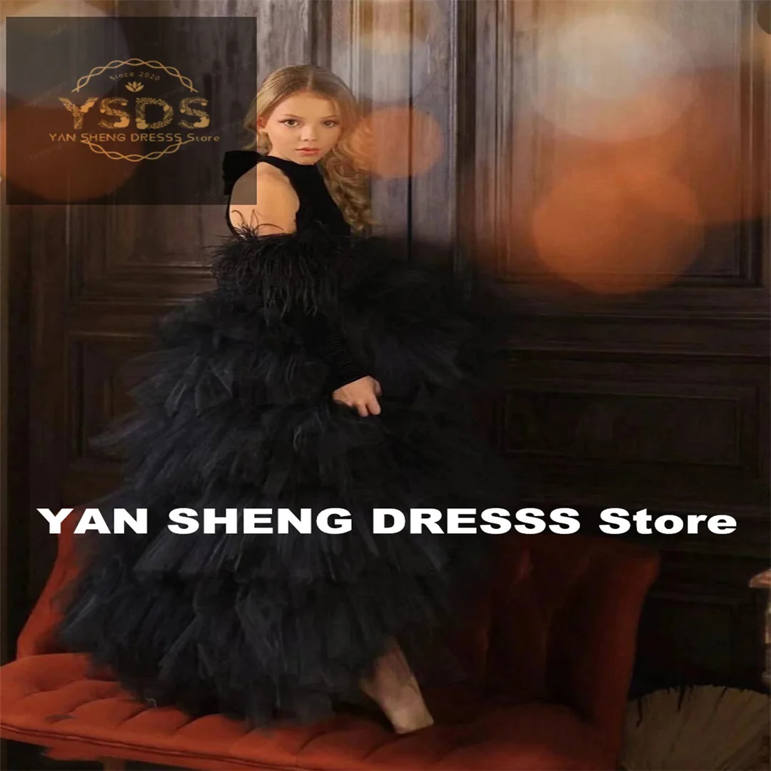 Customized Black Velvet Sleeveless Tulle Flower Girl Dress For Wedding Elegant Piano Performance Dress Birthday Party First Comm