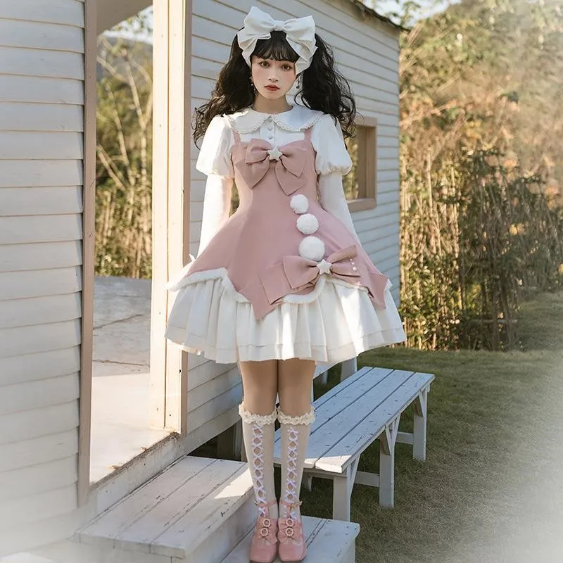 Winter Plush Velvet Sweet Lolita Op Thickened Warm Loli Dress Shirt Cute Kawaii Princess White Pink Winter Warm Bow Dress