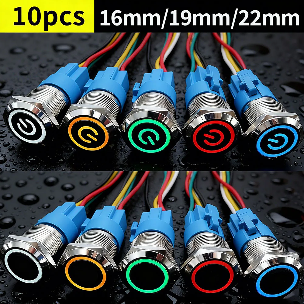 

10pcs 16/19/22mm Metal Push Button Switch Waterproof 1NO1NC Start Stop LED Light Momentary Latching With Connector 3V 12V 220V