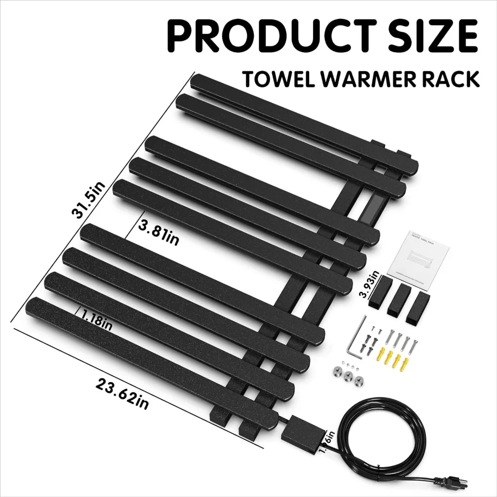 Toallero calefactable, toalleros calefactables de 9 barras, calentadores de toallas impermeables montados en la pared con controlador de temperatura y temporizado, negro